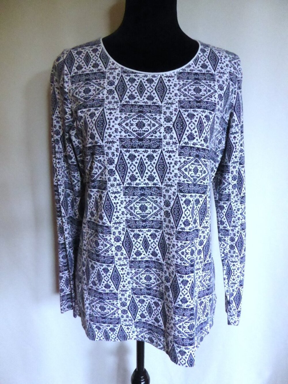KIM ROGERS BRAND WOMENS NAVY BLUE WHITE DIAMOND PATTERN LONG SLEEVE SHIRT MEDIUM